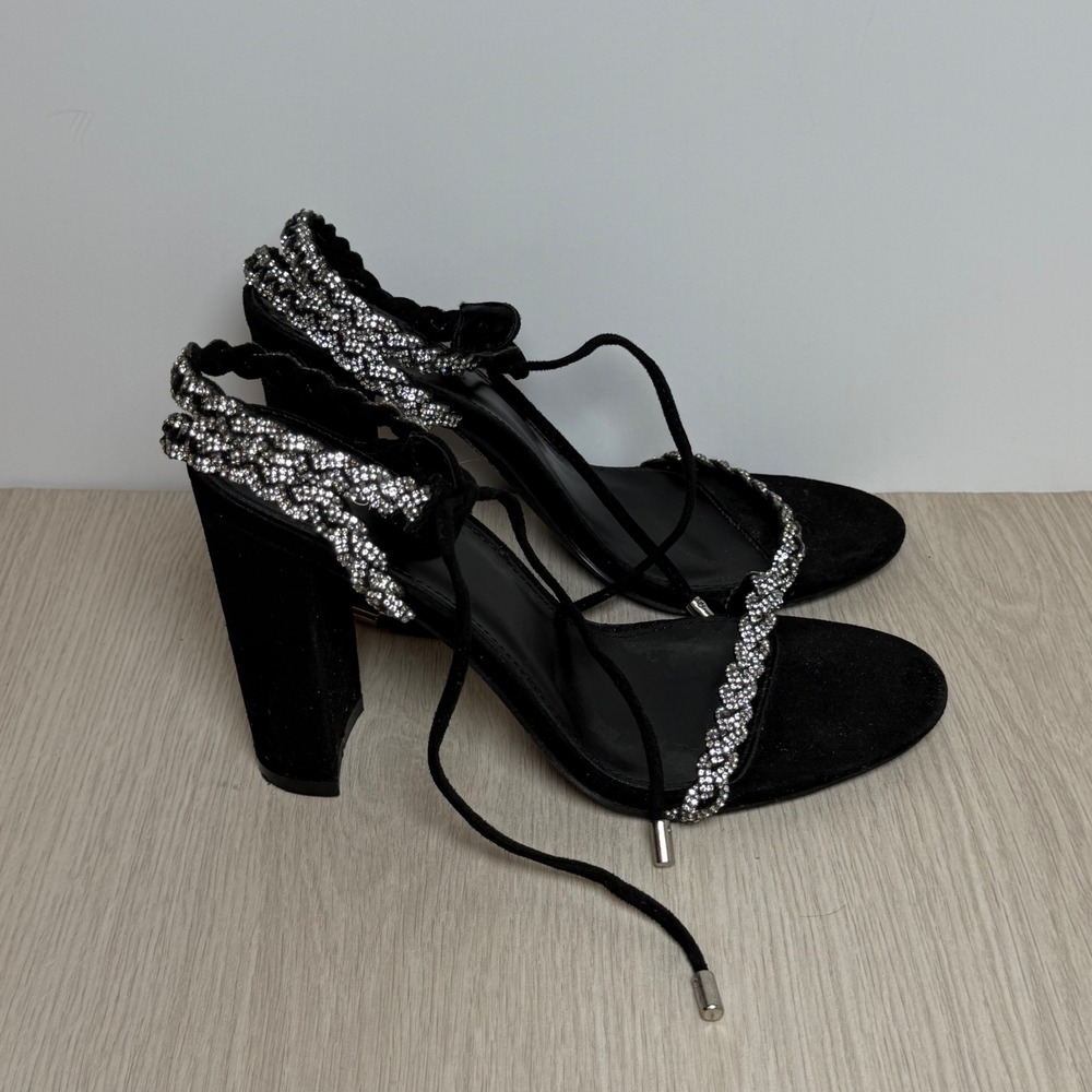 Heeled Sandals Fashion Nova Womens 6.5 Black Rhinestone Braided Lace Up Heel